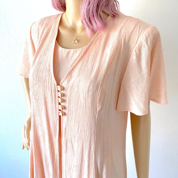 Vintage Crinkle Dress Textured Dress Shoulder Pads Summer Modest Church Feminine - Picture 2 of 10